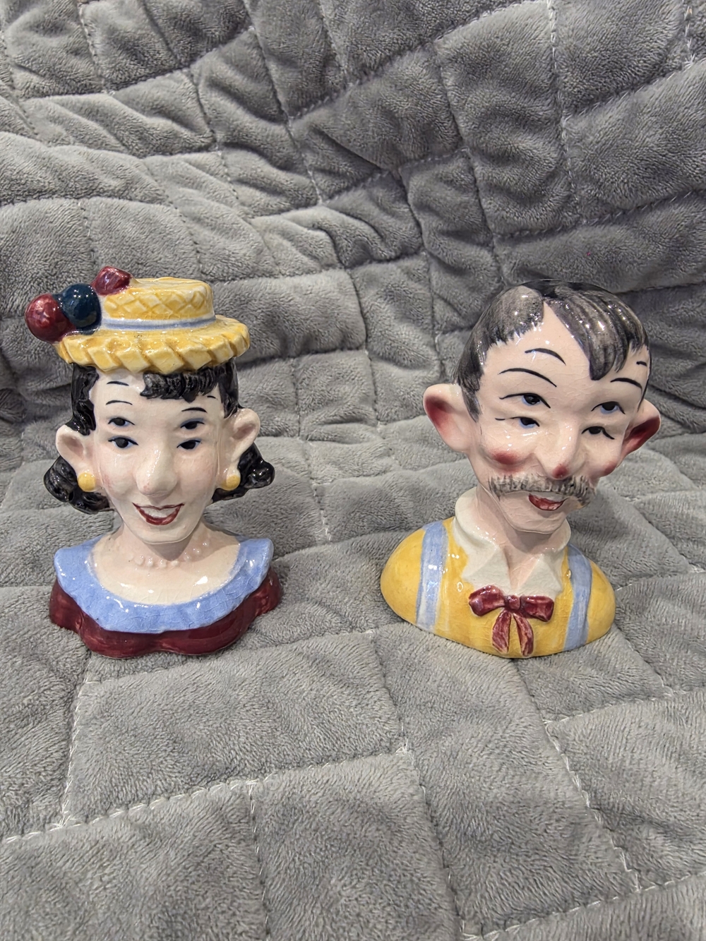 Vintage Enesco Rare Double Eyed Couple Salt & Pepper Shaker Set (NO STOPPERS)